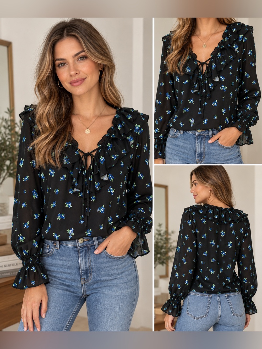 WeWoreWhat Ruffle Blouse XS Black Blue Floral Long Sleeve NWT Revolve